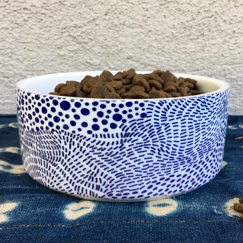 Modern Ceramic Dog Bowl in Blue Dot Pattern